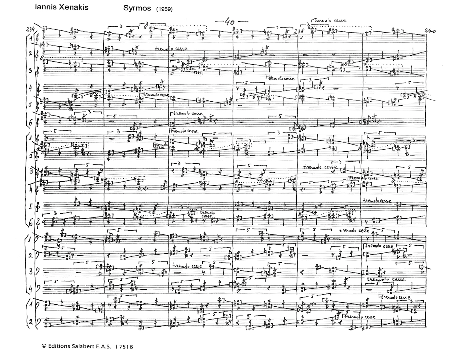 Iannis Xenakis: score for Syrmos, for string orchestra (1959) &copy; Editions Salabert E. A. S. 17516
